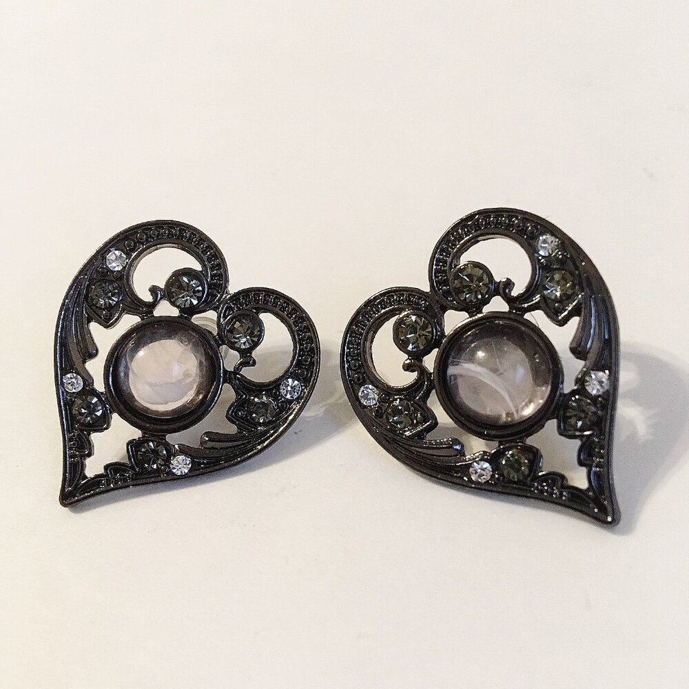 Heart Stone Earrings Marcasite Gun Metal Grey Clear Rhinestones Post Pierced